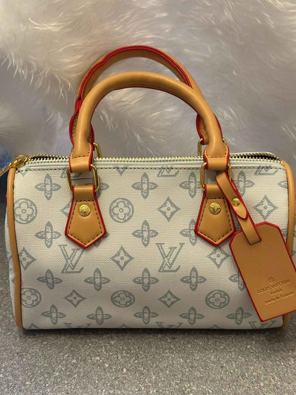 Cream Monogram Mini Speedy 20 Satchel with Tan Trim and Red Edge